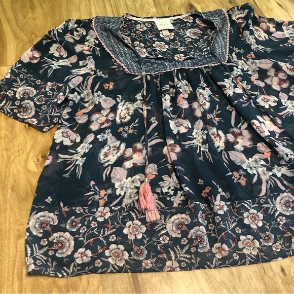 Knox Rose Womens Size Large Peasant Bohemian Floral Top Front Tie Blue Green - Picture 3 of 10